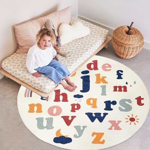 ABREEZE Large Round Kids Play Mat 5.3ft,Fluffy Faux Wool Kids Rug Non-Slip Ch...