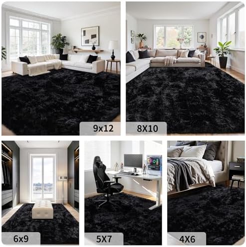 8x10 Area Rug for Living Room,Black Fluffy Shag Non-Slip Bedroom Rugs