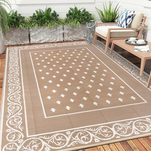 Pauwer Waterproof Outdoor Rug 6x9, Plastic Straw Patio Rug, Bordered Beige