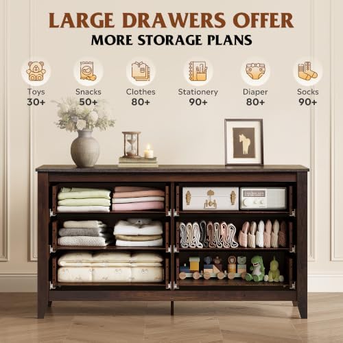 WLIVE 54" Dresser for Bedroom, Wooden 6 Drawer Dresser with Unique Anti-...