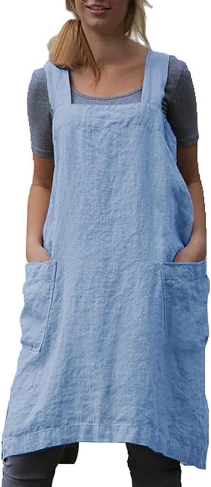 VLZUFE Cotton Linen Apron for women Cross Back Apron Pinafore Dress for Baking by Unknown