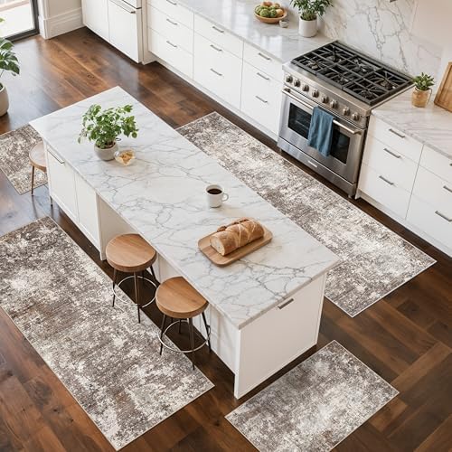 4-Piece Kitchen Rug Set with Runner – Washable Non-Slip Floor Mats for Sink,E...