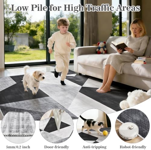 Yinhua Modern Geometric Area Rugs 5x7 Grey Black Rugs for Living Room Washabl...