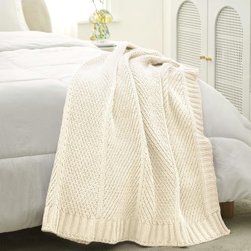 Amélie Home Chenille Knit Throw Blanket for Couch, Ivory, 50"x60"