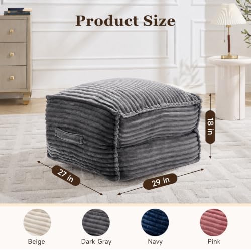 Square Stuffed Pouf Ottoman with Foam Chunk Filling, Darkgray