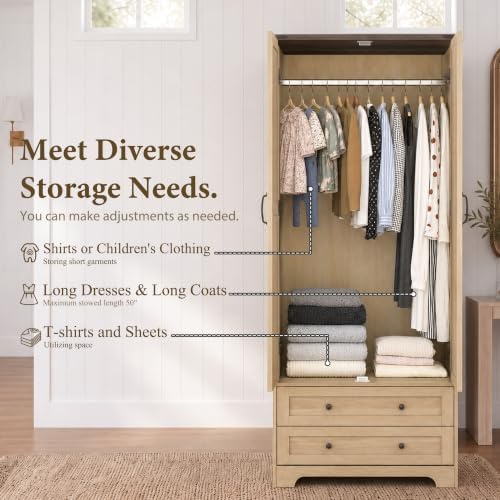Yechen 71" Wooden Armoire Wardrobe Closet with 2 Doors & 2 Drawers, ...