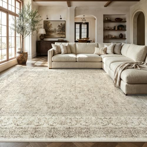 Washable 8x10 Area Rugs for Living Room, Vintage Bedroom Neutral Rug, Beige