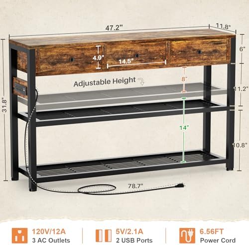 Ecoprsio Entryway Table with Outlets, 47" Console Table with 3 Drawers