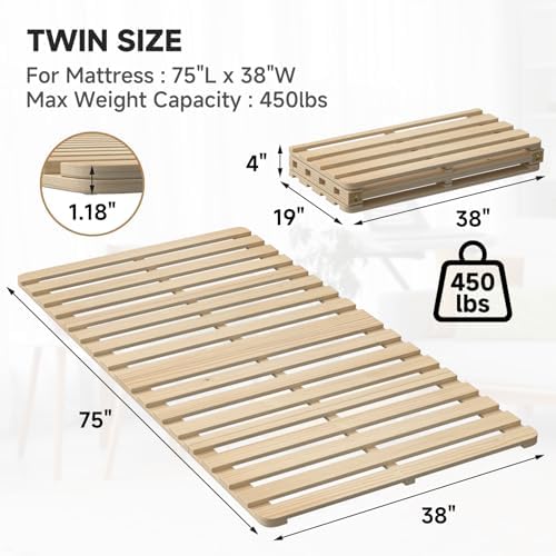 Twin Size Foldable Floor Bed Frame, Solid Wood Slat Base for Futon Mattress