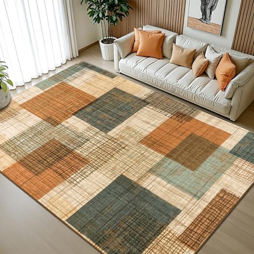 8x10 Washable Area Rug for Living Room Modern Geometric Patchwork Orange