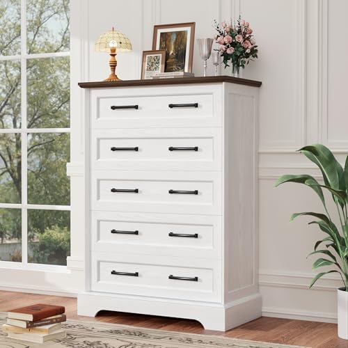 YESHOMY Tall Dresser for Bedroom, Farmhouse 5 Drawers Dresser, White&Brown