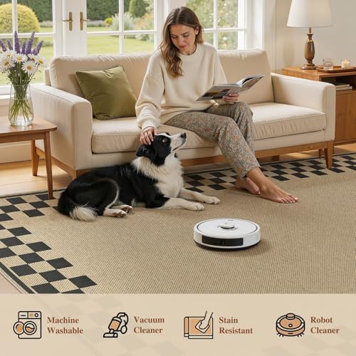 UERMEI 5x7 Outdoor Jute Area Rug Patio Neutral Washable Checkered Brown | Easy Non Slip Pet Friendly Indoor Farmhouse Carpet for Living Room Bedroom Dining Backyard