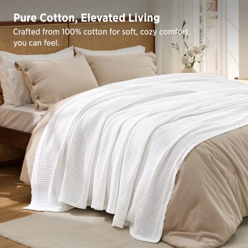 Bedsure 100% Cotton Blanket, Waffle Weave, Queen Size, White, 90"x90"