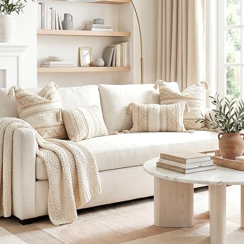 BlissBlush Decorative Throw Pillow Covers 20x20 Combo Set of 2 Square Cream N...