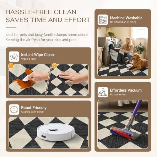 PureCozy Black 8x10 Washable Area Rug Living Room Non Slip Checkered Carpet