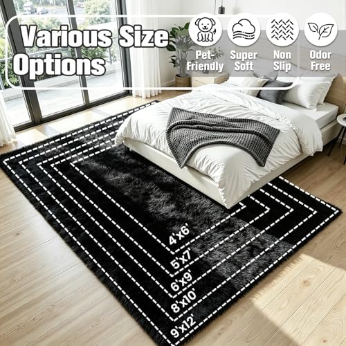 8x10 Fluffy Area Rug for Living Room: Soft Non-Slip Black Bedroom Carpet