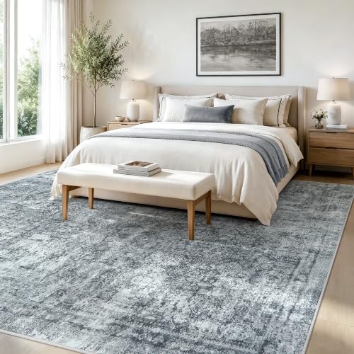 8x10 Area Rugs Washable for Living Room: Black Grey Abstract Large Carpet
