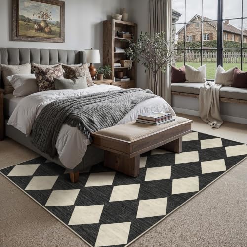 PureCozy Black 8x10 Washable Area Rug Living Room Non Slip Checkered Carpet