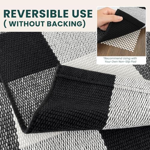 KOZYFLY Buffalo Plaid Rugs 2x6 Ft Runner Rug for Hallway, Black and White | Washable Kitchen Runner Rug, Woven Cotton Entryway Runner, Checkered Carpet Runners for Bedroom Living Room Farmhouse