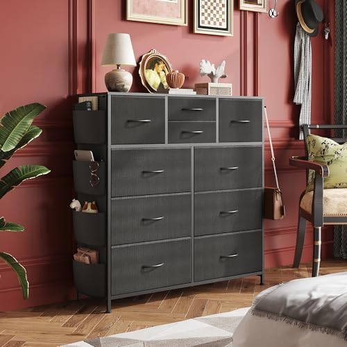 WLIVE 10 Drawer Black Fabric Dresser for Bedroom, Side Pocket & Hooks Chest