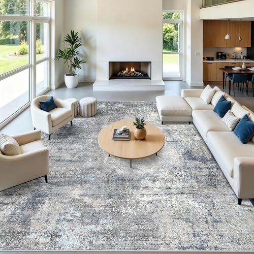 12x15 Extra Large Area Rug for Living Room Washable Abstract Rug, Blue Grey