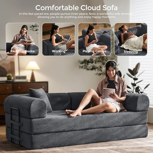 79" Convertible Futon Sofa Bed, Boneless Couch for Living Room | Dark Gray