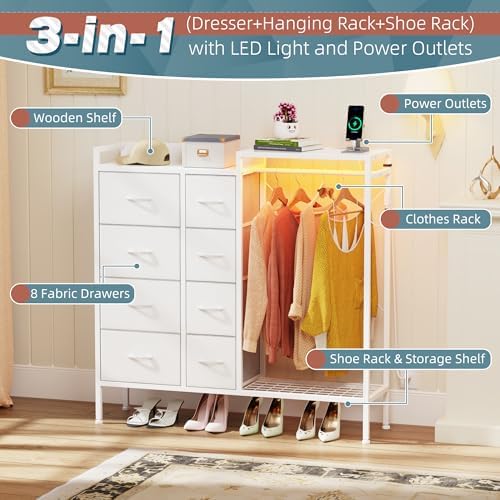 HIGDBFE 8-Drawer Dresser with Hanging Rack for Bedroom, White, 11.8" D
