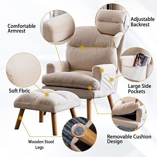 CANMOV Modern Accent Chair with Ottoman, Soft Fabric Armchair with Adjustable...