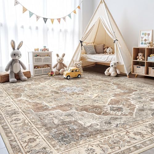 Washable Area Rug-9X12 Vintage Neutral Soft Beige Brown