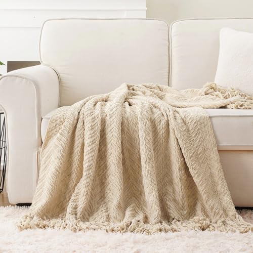 BATTILO HOME Beige Throw Blankets for Couch, Knitted Tan Throw Blanket for Tw...