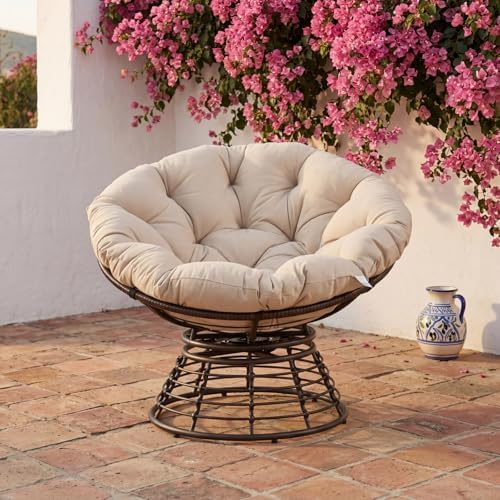 Cushion Papasan Swivel Chair, Ergonomic Wicker Round Chair with Thick Padding...
