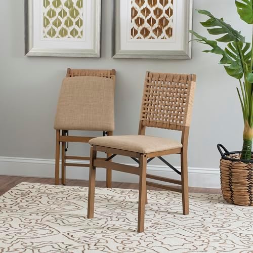 Linon Bennett Natural Folding Chair with Woven Rope Back and Linen Upholstere...