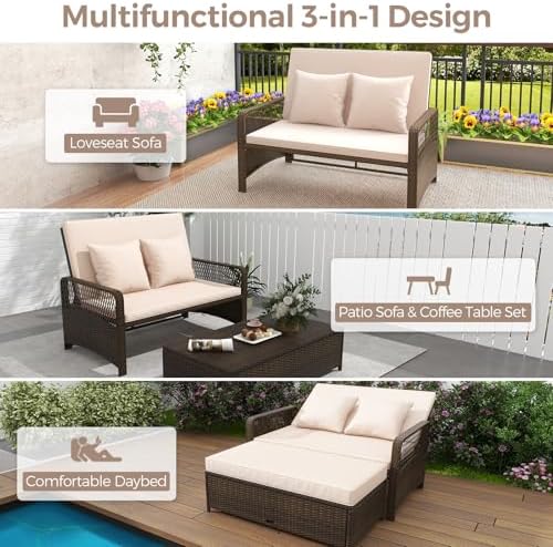 LDAILY Moccha Outdoor Daybed, PE Rattan Double Chaise Lounge w/ 4-Level Adjus...