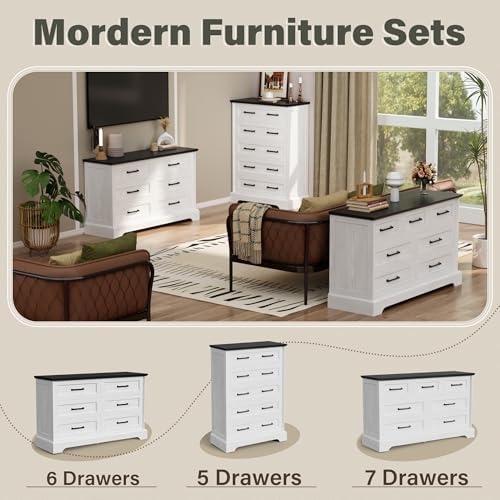 YESHOMY Dresser for Bedroom, Farmhouse 6 Drawers Dressers, White and Black