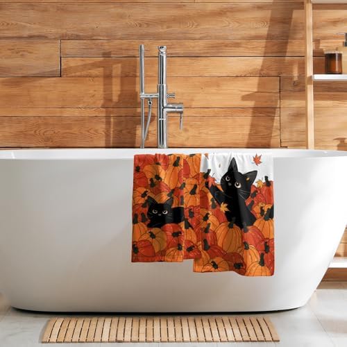 Fall Black Cat Pumpkins Bathroom Towels Set Autumn Leaves Hand Towels Thanksgiving Maple Leaves Kitchen Towels Pumpkin Harvest Dish Towels Absorbent Fingertip Towel for Hotel Beach Gym Spa 28x14 inch