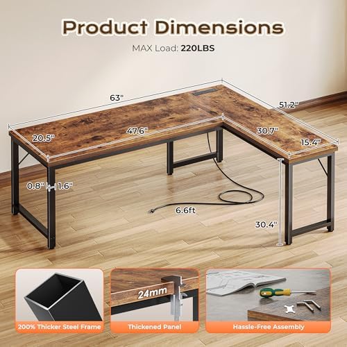 Huuger 63 Inch L Shaped Desk with Power Outlets and USB-C Port, 0.95 Inch Thi...