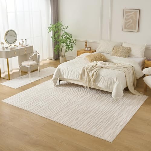 Textured High-Low Striped Area Rug Neutrel, Washable Cozy 6*8 feet