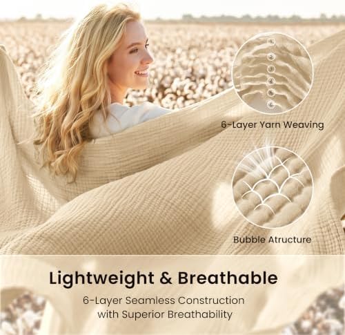 Love's cabin 100% Cotton Muslin Blanket, 6 Layer Lightweight Breathable G...