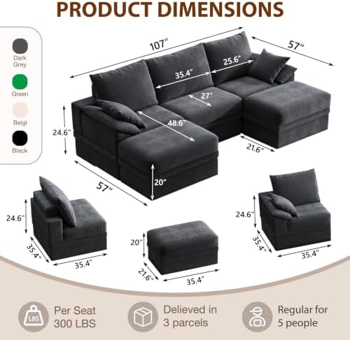107" Modular Sectional Sofa Boneless Couch with Storage,U-Shape 3 Seat C...
