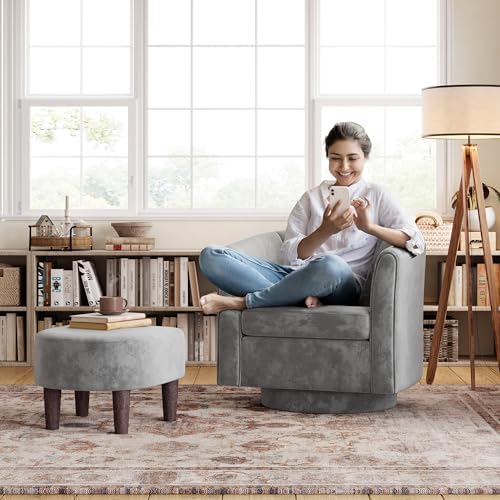 LINSY Swivel Accent Chair with Ottoman: Small Velvet Barrel Chair 360 Swivel ...