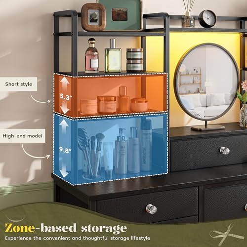 Romorgniz Black Dresser for Bedroom with RGB LED Lights, Vanity Organizer
