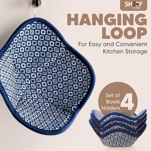 Sheff Microwave Bowl Cozy Holders Set of 4 - Durable and Reliable for Hot and Cold Plates and Dishes - Ideal Household Gift (Navy and White, 7 inch)
