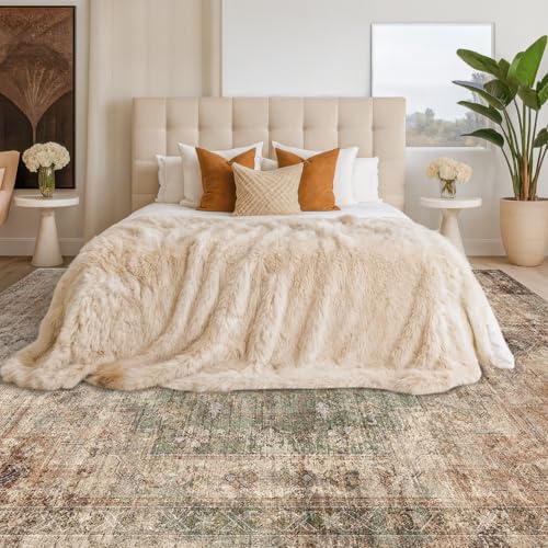 Farmhouse Floor Rugs for Living Room - Brown and Green Dining Room Area Rugs ...