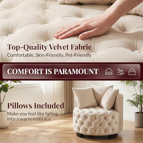 Upholstered Tufted Accent Barrel Chair with 3 Pillows, Contemporary Round Lou...