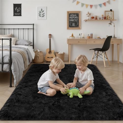 8x10 Area Rug Living Room Bedroom: Fluffy Plush Shag Carpet Black