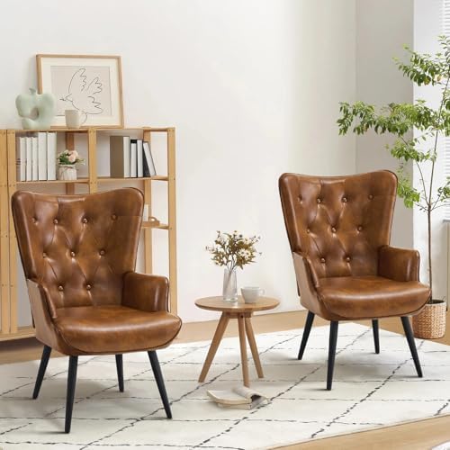Furnimart Accent Chairs Set of 2, Brown PU Leather Reading Armchair with High...
