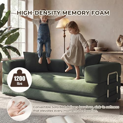 GRUSIGN 78" 5-in-1 Convertible Futon Sofa Bed, Boneless Corduroy, Green