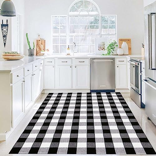 Buffalo Plaid Outdoor Rug 5' x 7' Washable Rugs,Black and White Check...