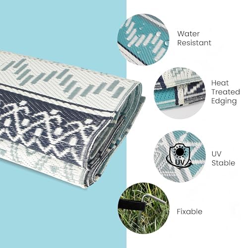 Outdoor Rug 8 x10 ft, Plastic Rug for Patio, Blue & Grey