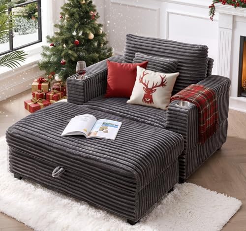 ONBRILL Corduroy Oversized Chair with Ottoman, W44 Armchair, Cup Holder